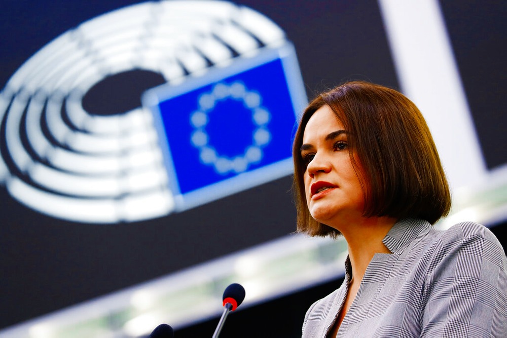 Belarusian opposition leader Sviatlana Tsikhanouskaya delivers her speech at the European Parliament