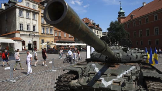 Destroyed Russian tanks from Ukraine are on display in Warsaw