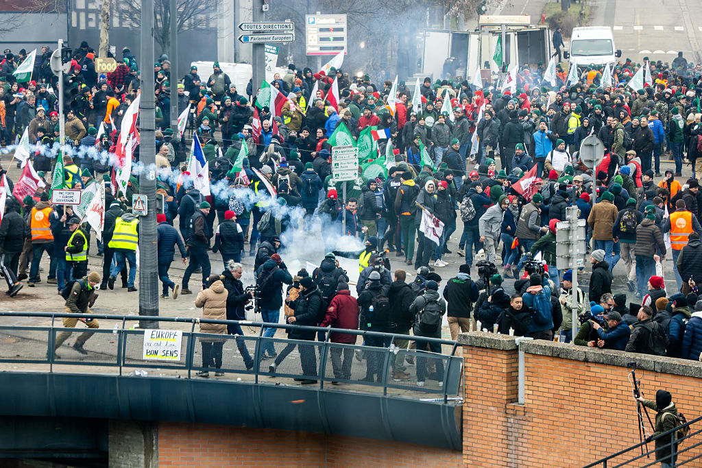 Police use tear gas, stun grenades against farmers protesting the Mercosur free trade agreement in front of the EU parliament in Strasbourg