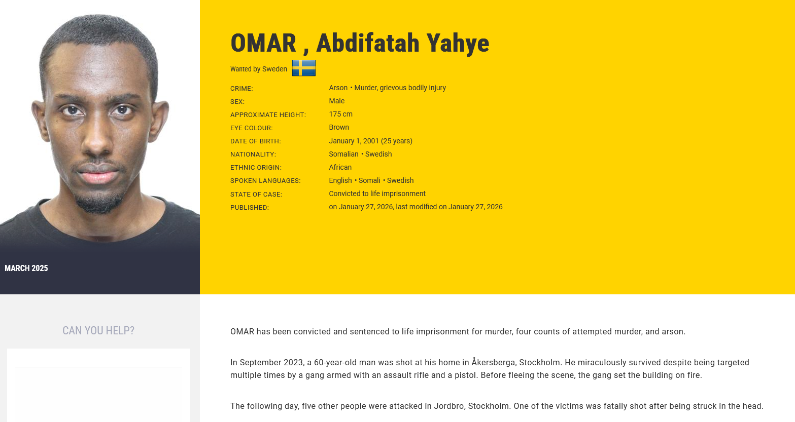 Somali murderer in Sweden evades prison after skipping town during appeal, now on Europol most-wanted list, but Swedish broadcaster withholds name and image